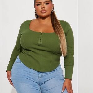 Fashion Nova Green Ribbed Long Sleeve Top